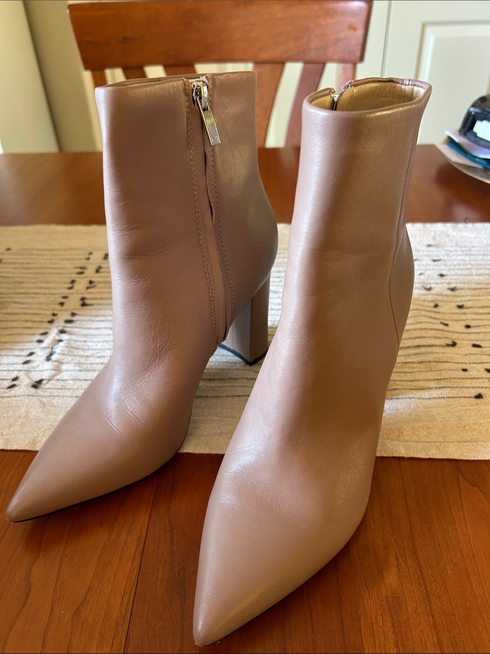 Marc Fisher Taupe Pointed-Toe Leather Ankle Booties with Side Zip